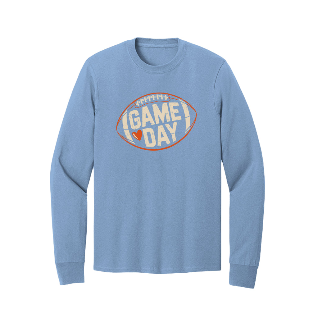 Front view of a light blue long-sleeve T-shirt with cream Game Day lettering and a heart inside an orange football outline.