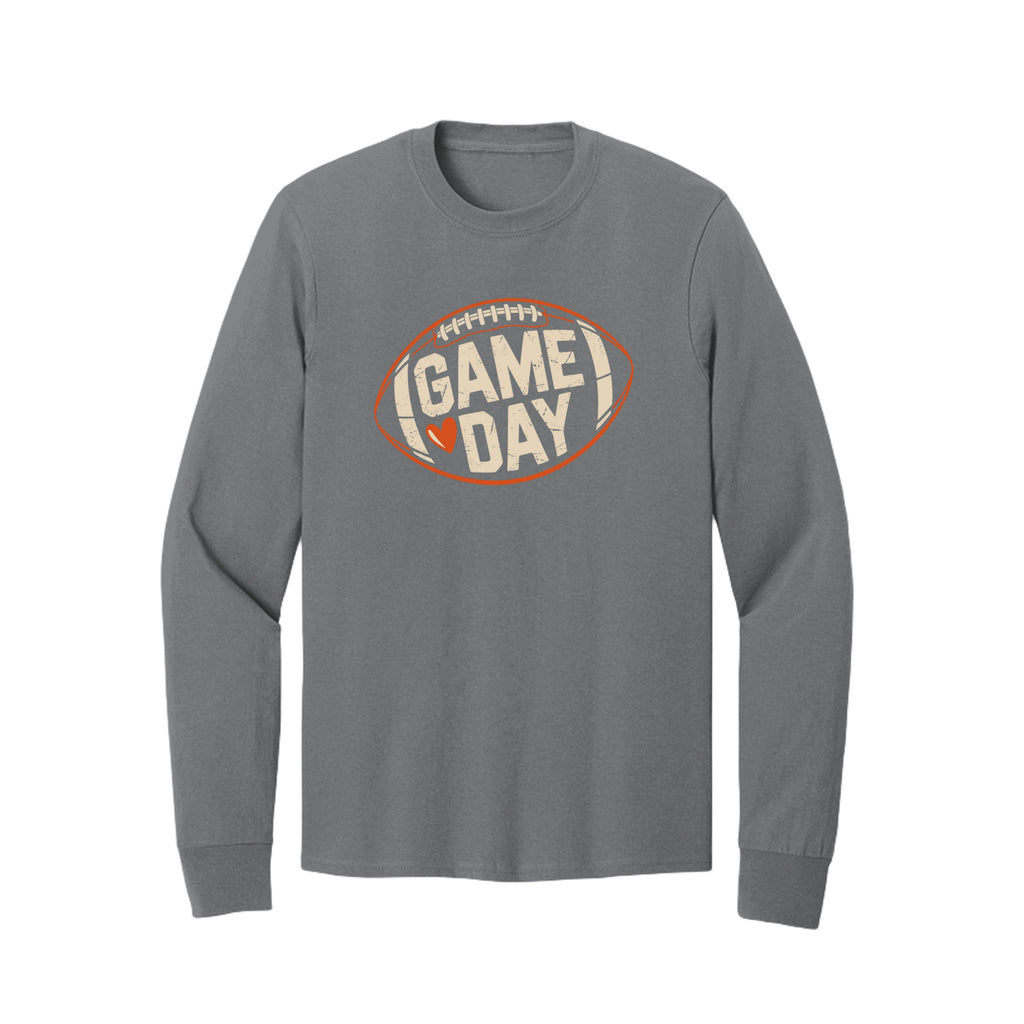 Front view of a gray long-sleeve T-shirt with cream Game Day lettering and a heart inside an orange football outline.