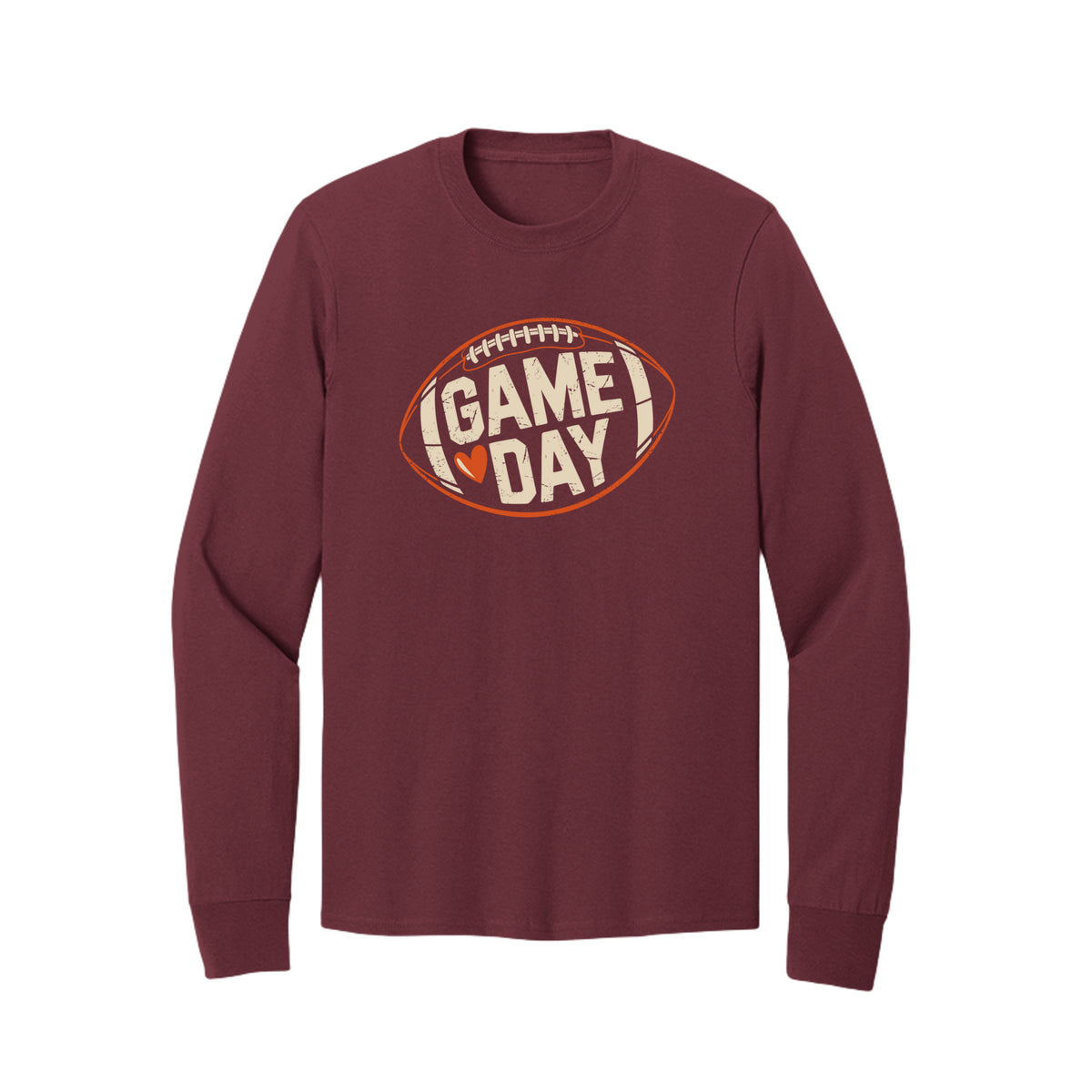 Front view of a burgundy long-sleeve T-shirt with cream Game Day lettering and a heart inside an orange football outline.
