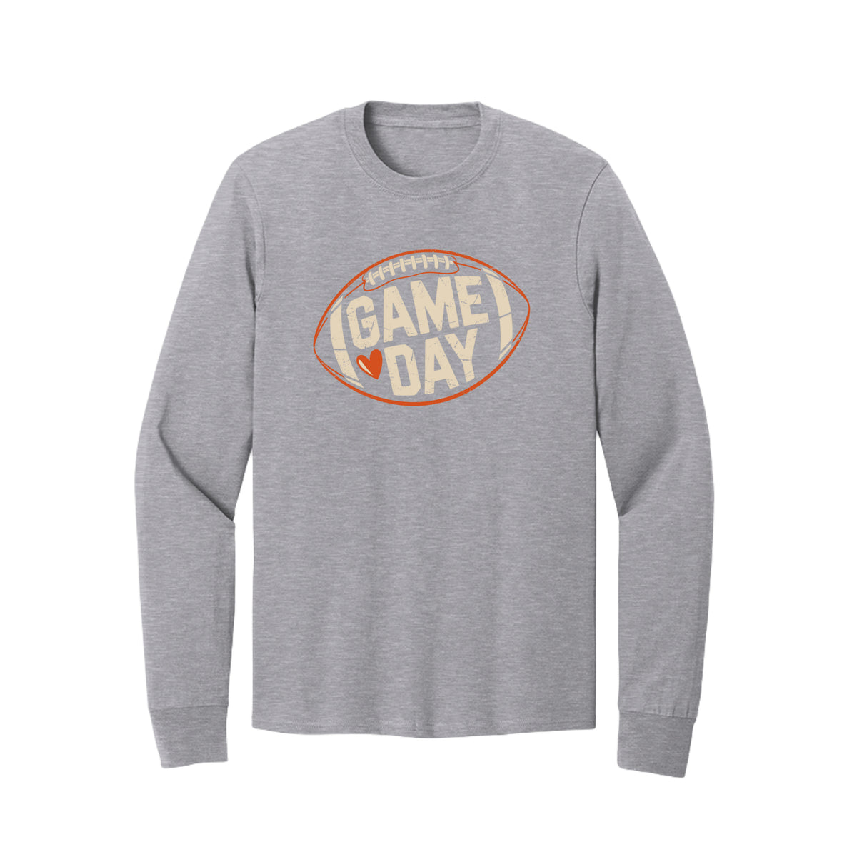 Front view of a gray long-sleeve T-shirt with cream Game Day lettering and a heart inside an orange football outline.