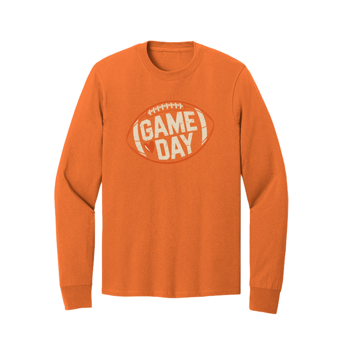 Front view of a orange long-sleeve T-shirt with cream Game Day lettering and a heart inside an orange football outline.