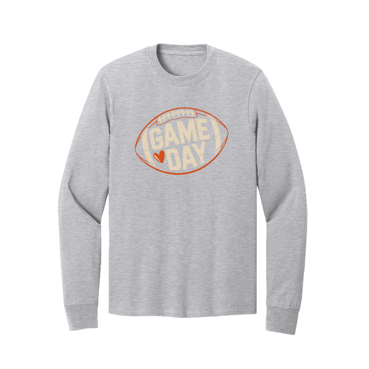Front view of a gray long-sleeve T-shirt with cream Game Day lettering and a heart inside an orange football outline.