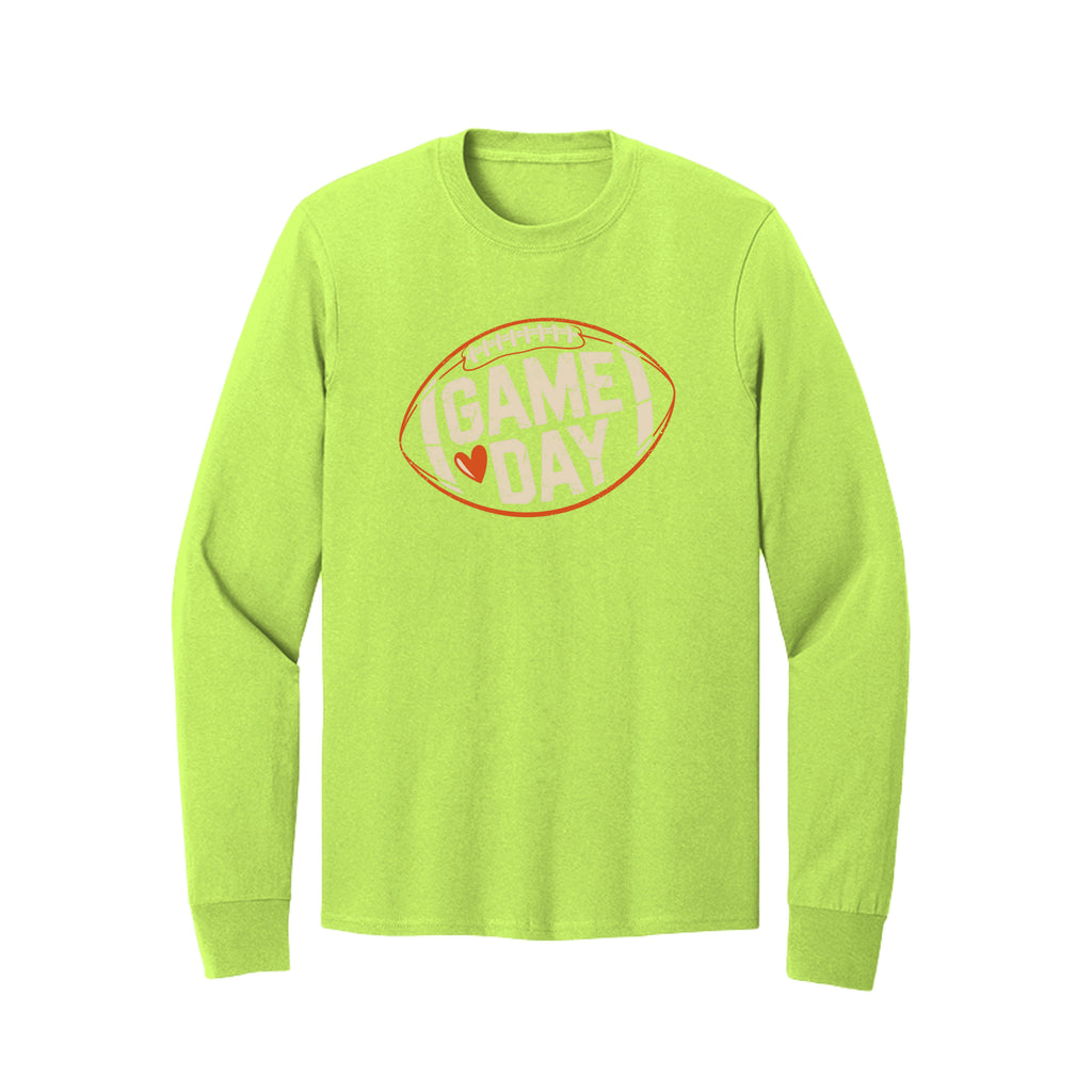 Front view of a lime long-sleeve T-shirt with cream Game Day lettering and a heart inside an orange football outline.