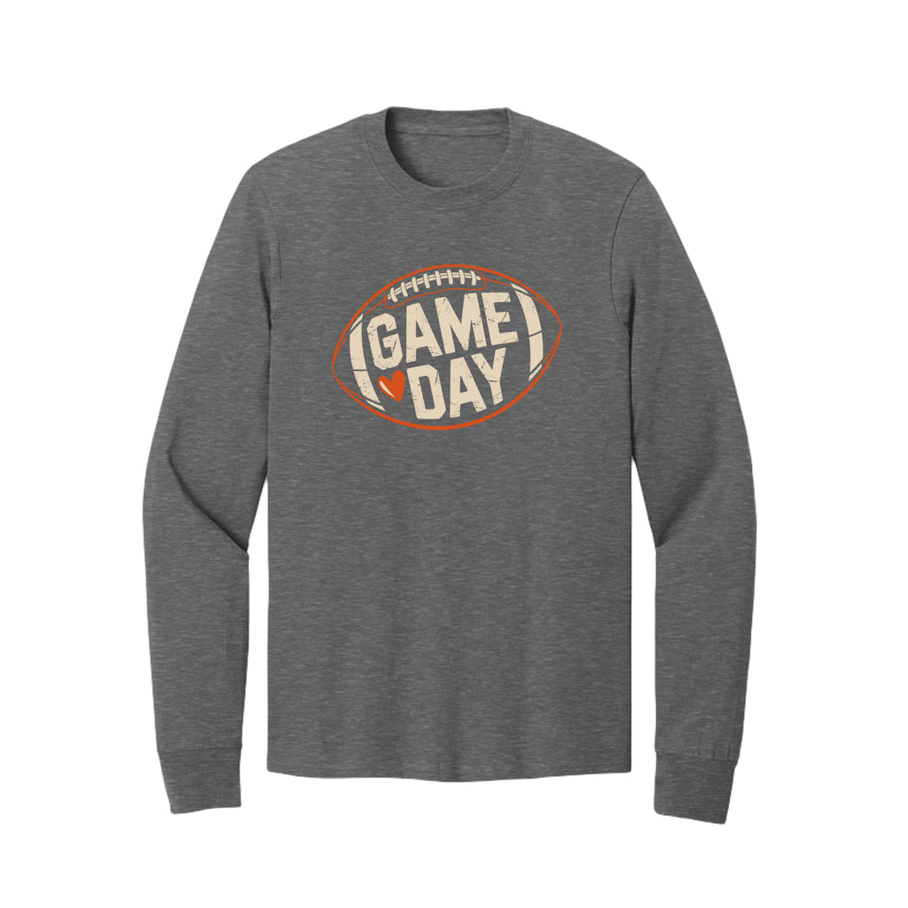 Front view of a gray long-sleeve T-shirt with cream Game Day lettering and a heart inside an orange football outline.