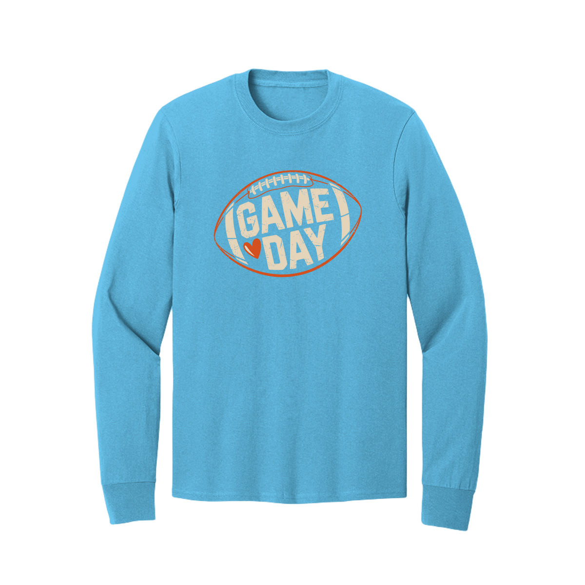 Front view of a blue long-sleeve T-shirt with cream Game Day lettering and a heart inside an orange football outline.