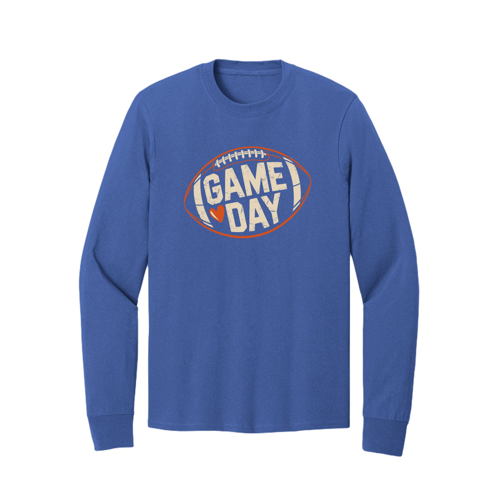 Front view of a blue long-sleeve T-shirt with cream Game Day lettering and a heart inside an orange football outline.