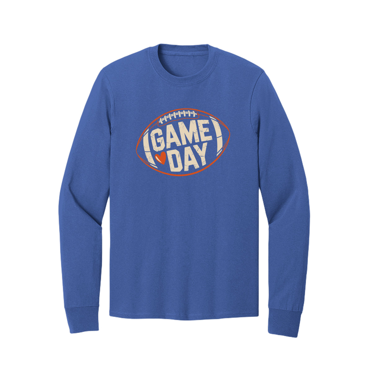Front view of a blue long-sleeve T-shirt with cream Game Day lettering and a heart inside an orange football outline.