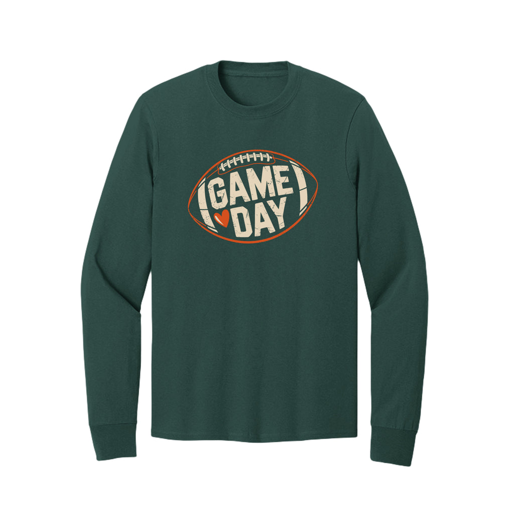 Front view of a green long-sleeve T-shirt with cream Game Day lettering and a heart inside an orange football outline.