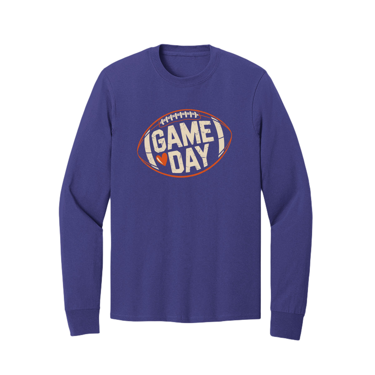 Front view of a purple long-sleeve T-shirt with cream Game Day lettering and a heart inside an orange football outline.