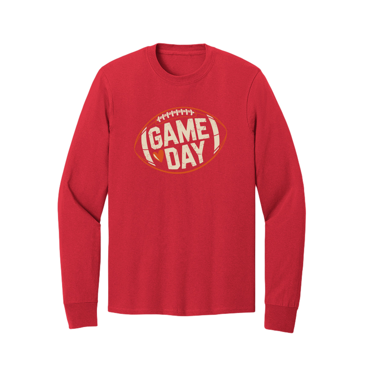 Front view of a red long-sleeve T-shirt with cream Game Day lettering and a heart inside an orange football outline.