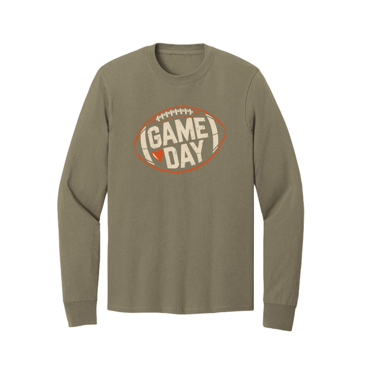 Front view of a olive long-sleeve T-shirt with cream Game Day lettering and a heart inside an orange football outline.