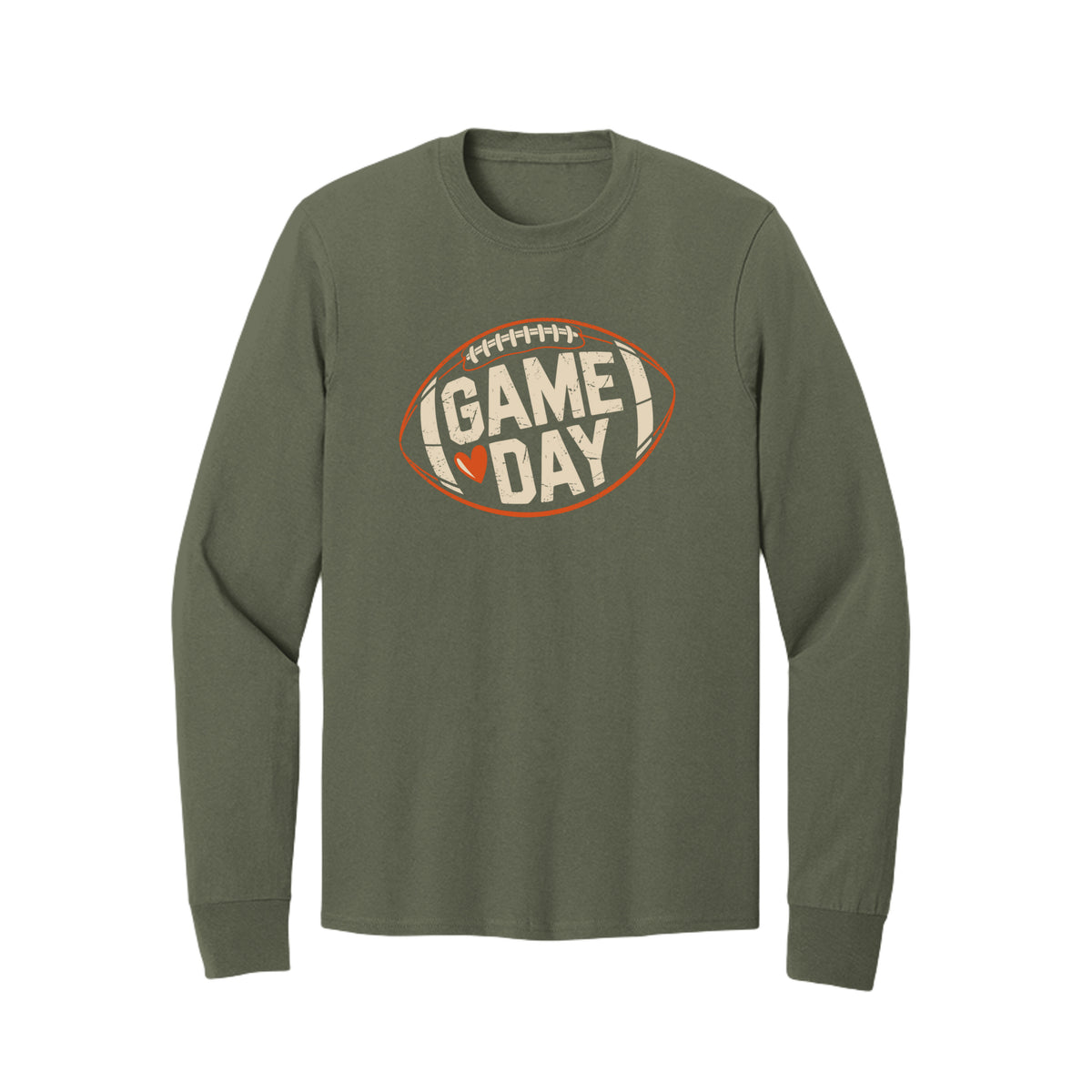 Front view of a olive long-sleeve T-shirt with cream Game Day lettering and a heart inside an orange football outline.