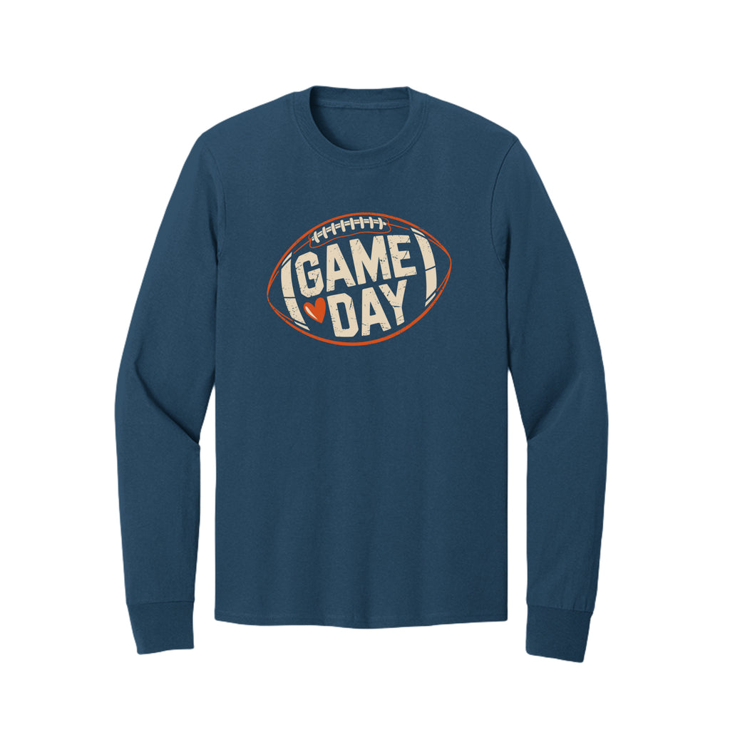 Front view of a blue long-sleeve T-shirt with cream Game Day lettering and a heart inside an orange football outline.
