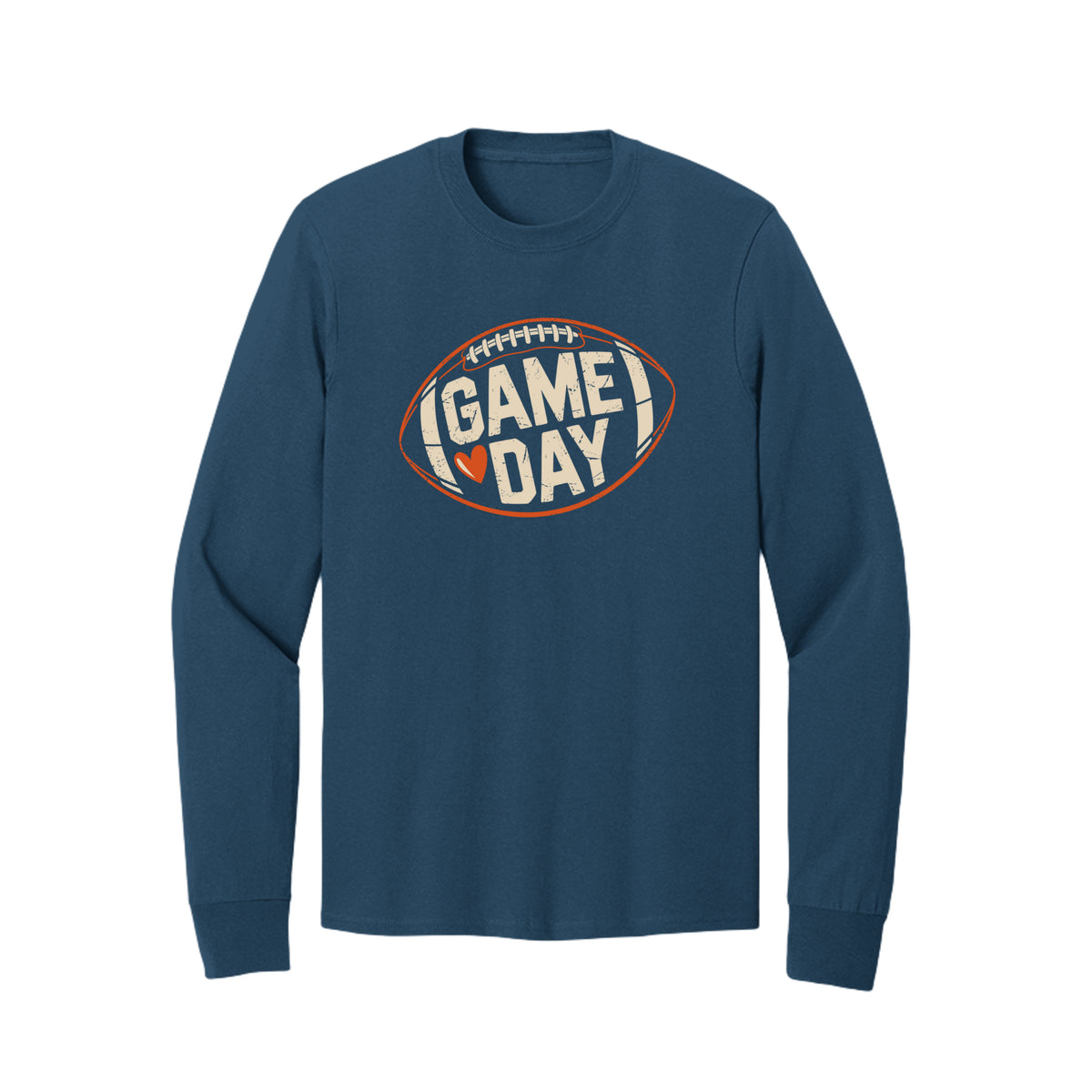 Front view of a blue long-sleeve T-shirt with cream Game Day lettering and a heart inside an orange football outline.