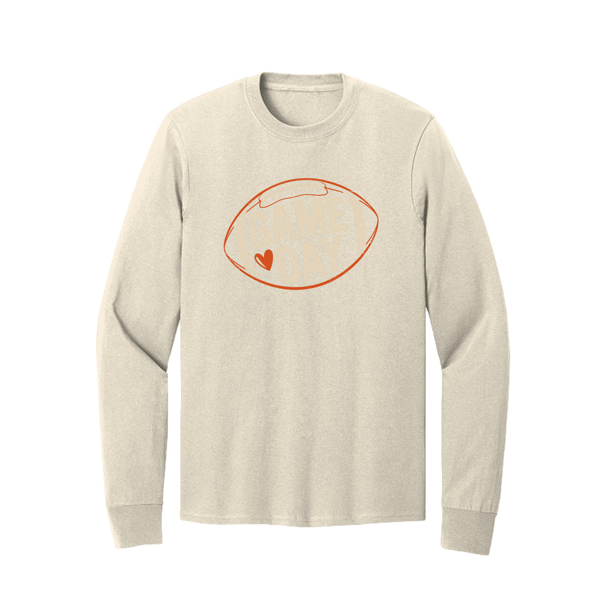 Front view of a cream long-sleeve T-shirt with cream Game Day lettering and a heart inside an orange football outline.