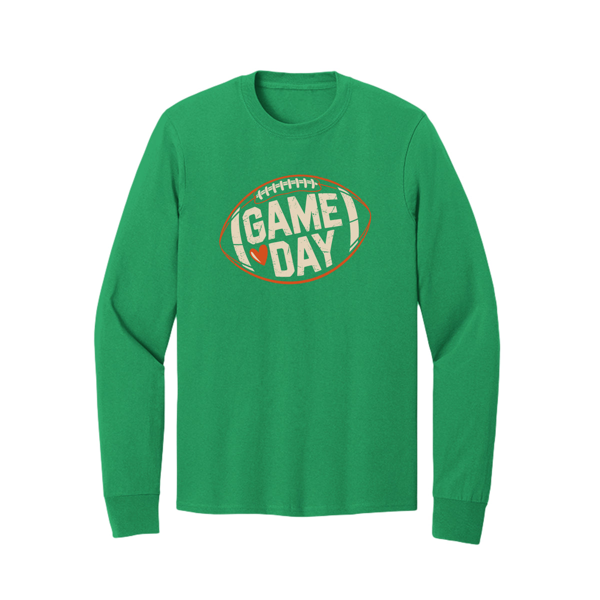 Front view of a green long-sleeve T-shirt with cream Game Day lettering and a heart inside an orange football outline.