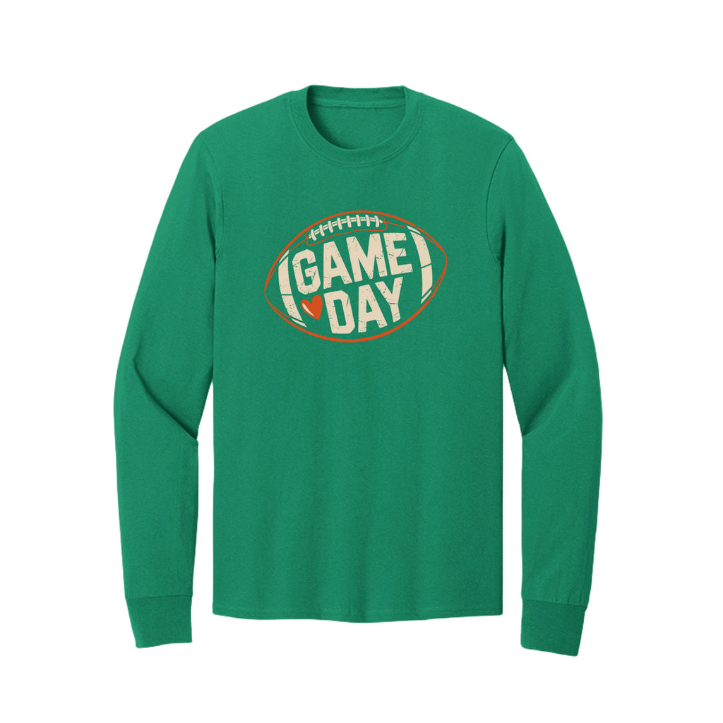 Front view of a green long-sleeve T-shirt with cream Game Day lettering and a heart inside an orange football outline.