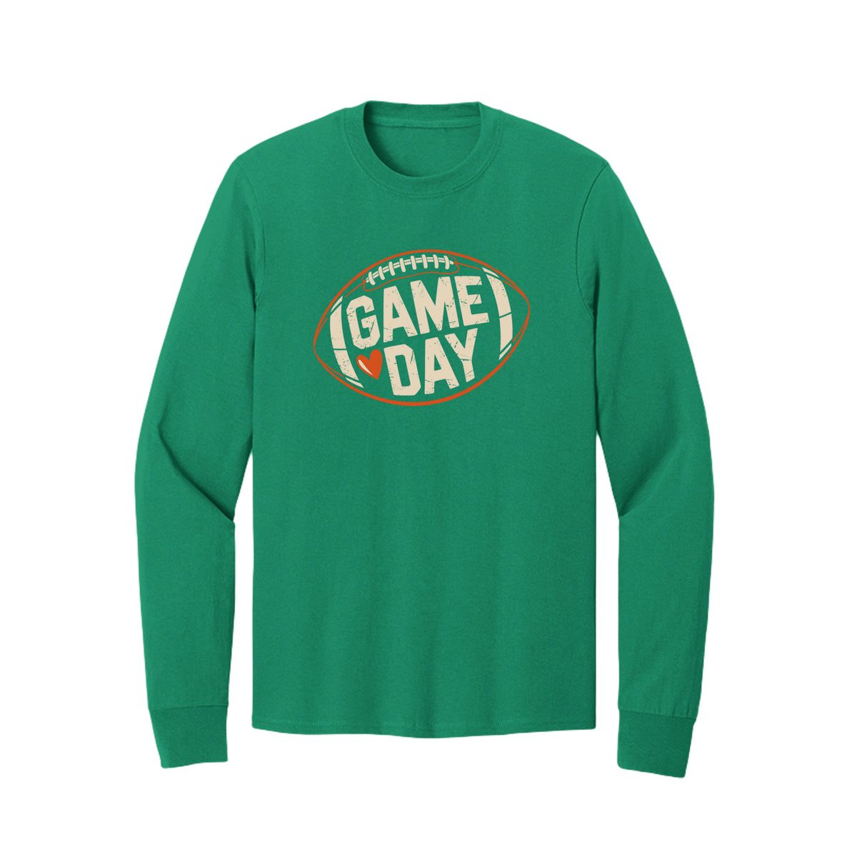 Front view of a green long-sleeve T-shirt with cream Game Day lettering and a heart inside an orange football outline.