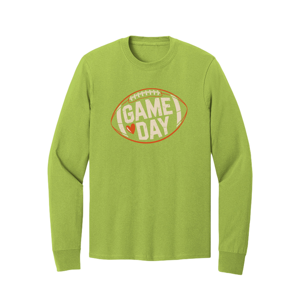Front view of a lime long-sleeve T-shirt with cream Game Day lettering and a heart inside an orange football outline.
