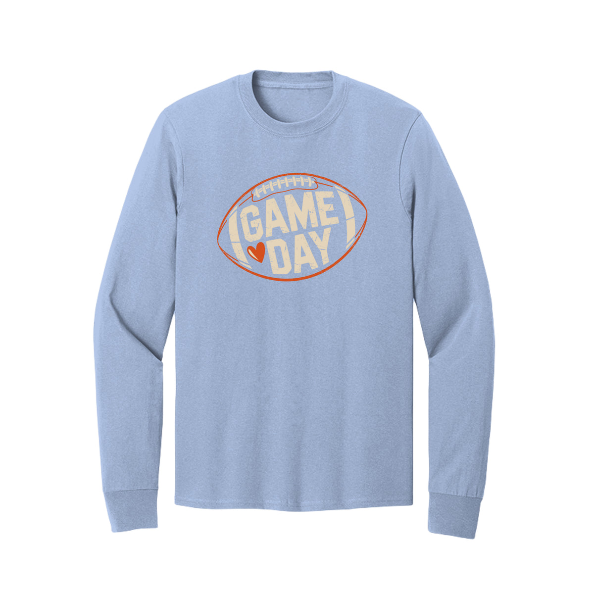 Front view of a light blue long-sleeve T-shirt with cream Game Day lettering and a heart inside an orange football outline.
