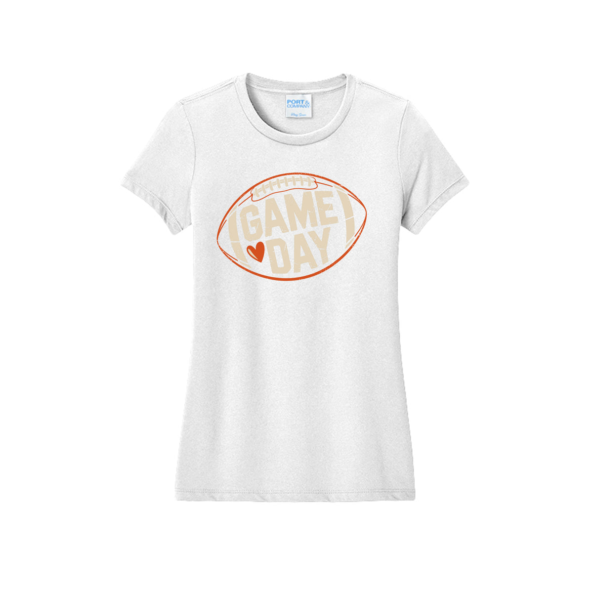 Front view of a white fitted short-sleeve T-shirt with cream Game Day lettering and a heart inside an orange football outline.