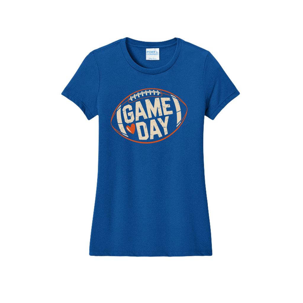 Front view of a blue fitted short-sleeve T-shirt with cream Game Day lettering and a heart inside an orange football outline.
