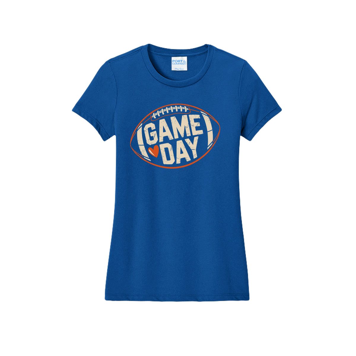 Front view of a blue fitted short-sleeve T-shirt with cream Game Day lettering and a heart inside an orange football outline.