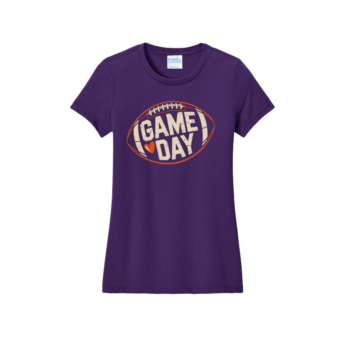 Front view of a purple fitted short-sleeve T-shirt with cream Game Day lettering and a heart inside an orange football outline.