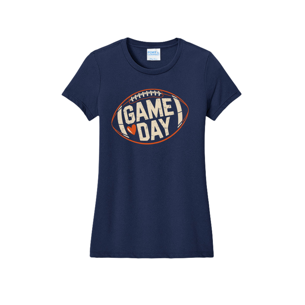 Front view of a navy fitted short-sleeve T-shirt with cream Game Day lettering and a heart inside an orange football outline.
