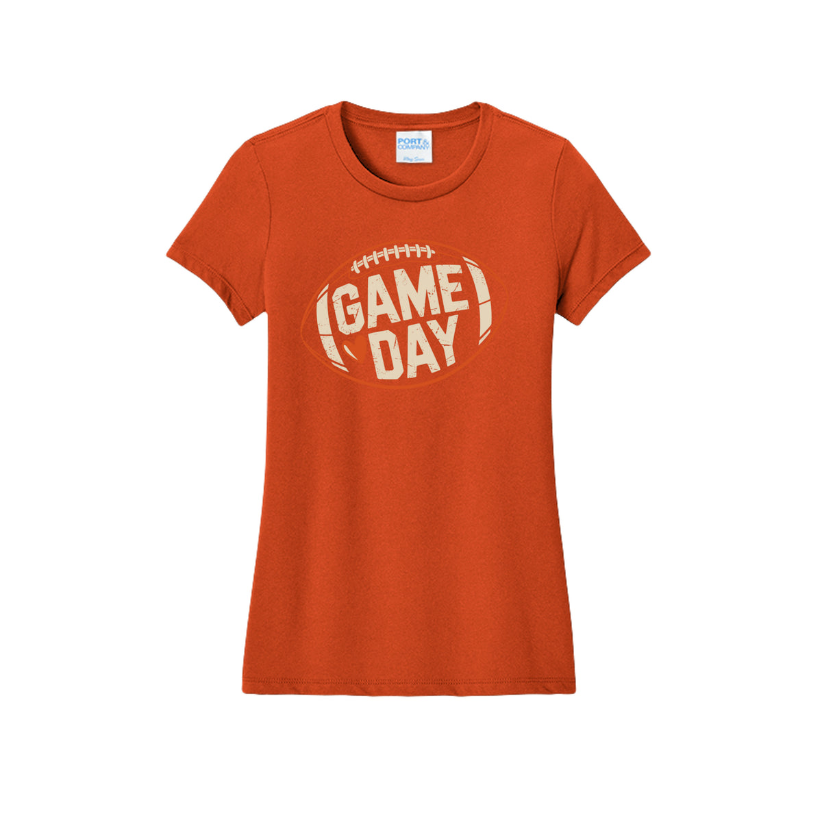 Front view of a orange fitted short-sleeve T-shirt with cream Game Day lettering and a heart inside an orange football outline.
