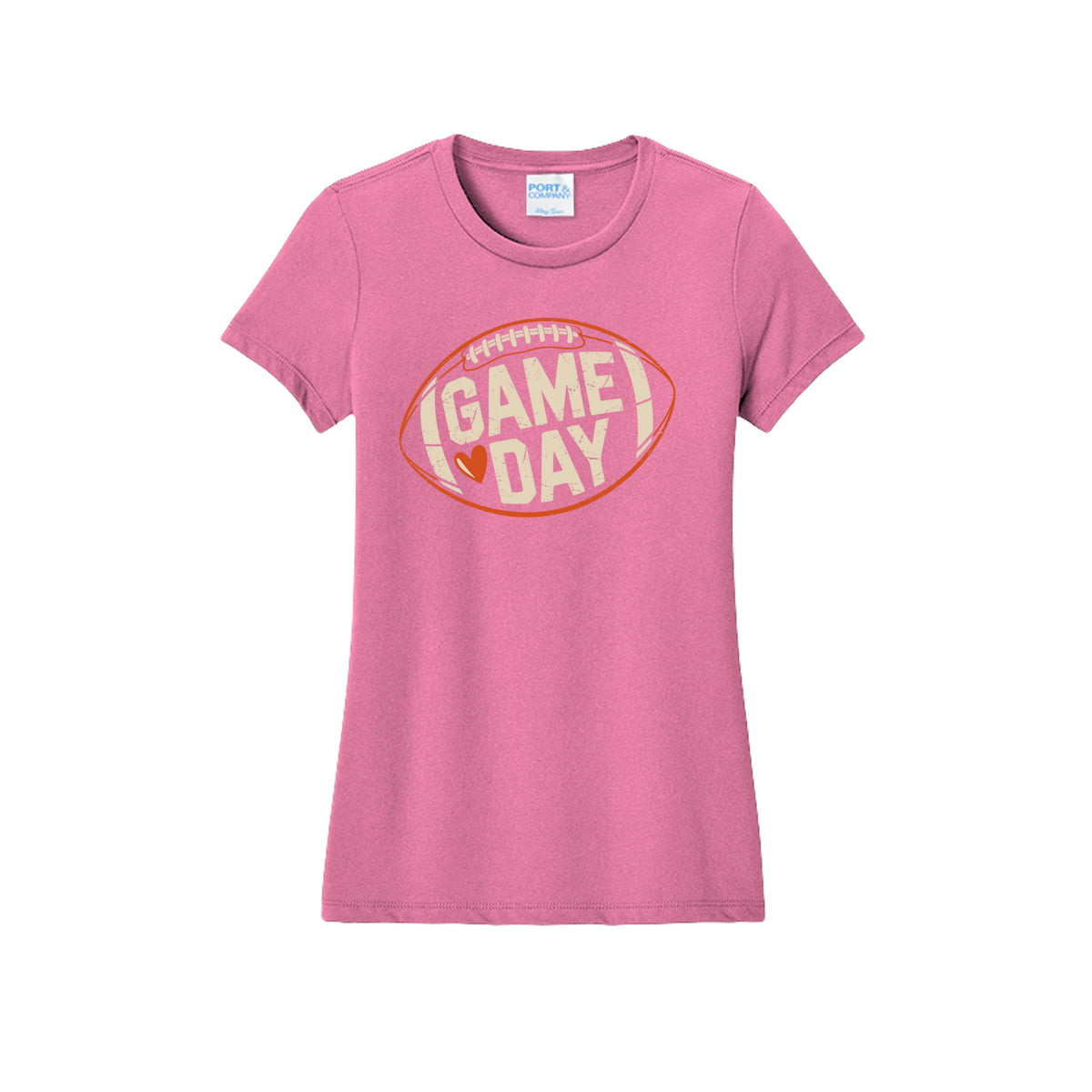 Front view of a fitted short-sleeve T-shirt with cream Game Day lettering and a heart inside an orange football outline.