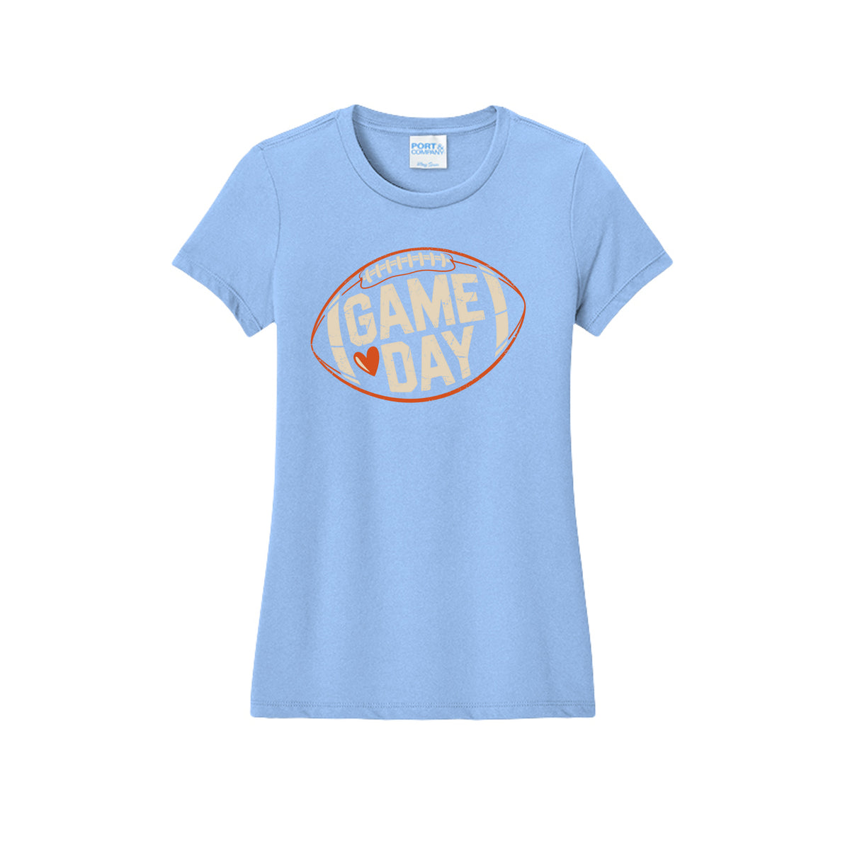 Front view of a light blue fitted short-sleeve T-shirt with cream Game Day lettering and a heart inside an orange football outline.