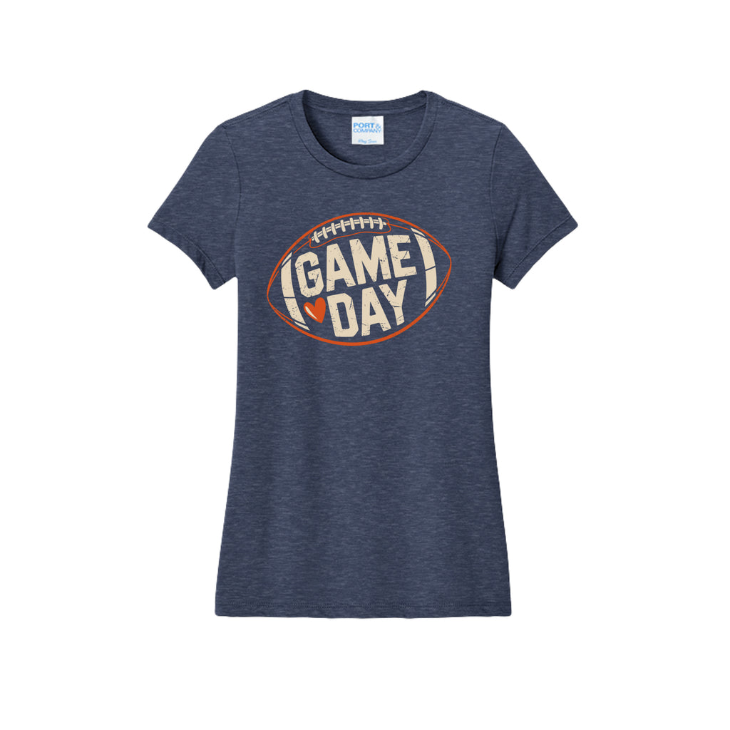 Front view of a gray fitted short-sleeve T-shirt with cream Game Day lettering and a heart inside an orange football outline.
