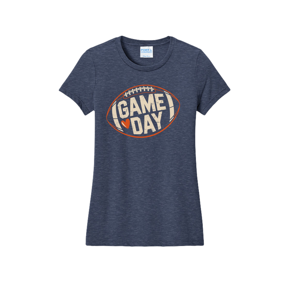 Front view of a gray fitted short-sleeve T-shirt with cream Game Day lettering and a heart inside an orange football outline.