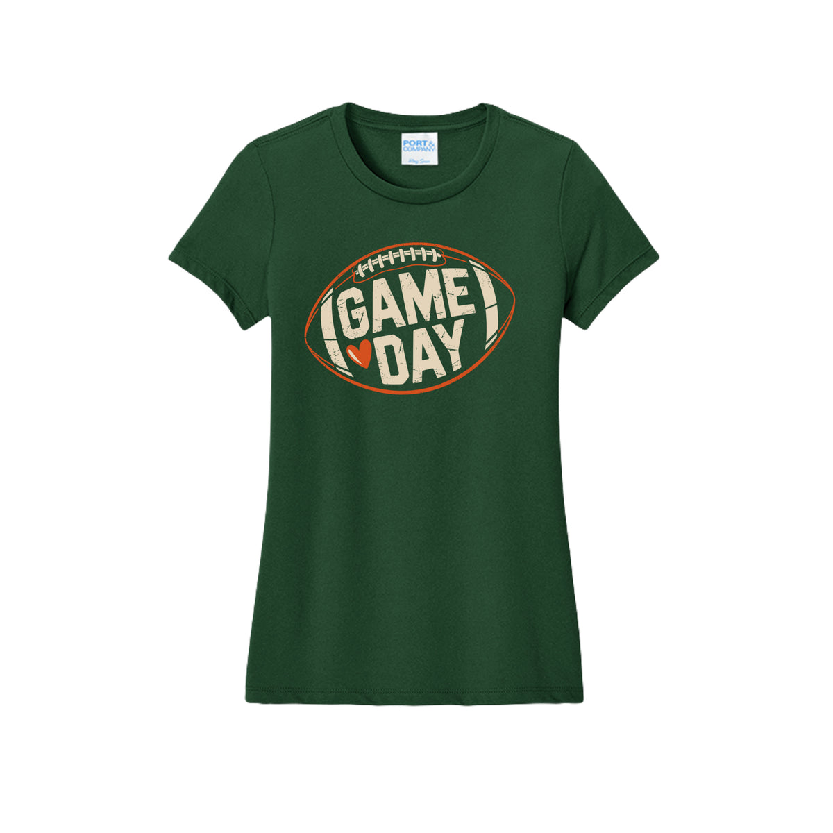 Front view of a green fitted short-sleeve T-shirt with cream Game Day lettering and a heart inside an orange football outline.