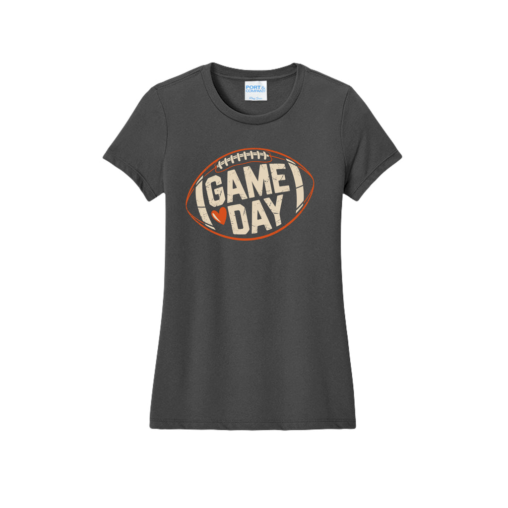 Front view of a gray fitted short-sleeve T-shirt with cream Game Day lettering and a heart inside an orange football outline.