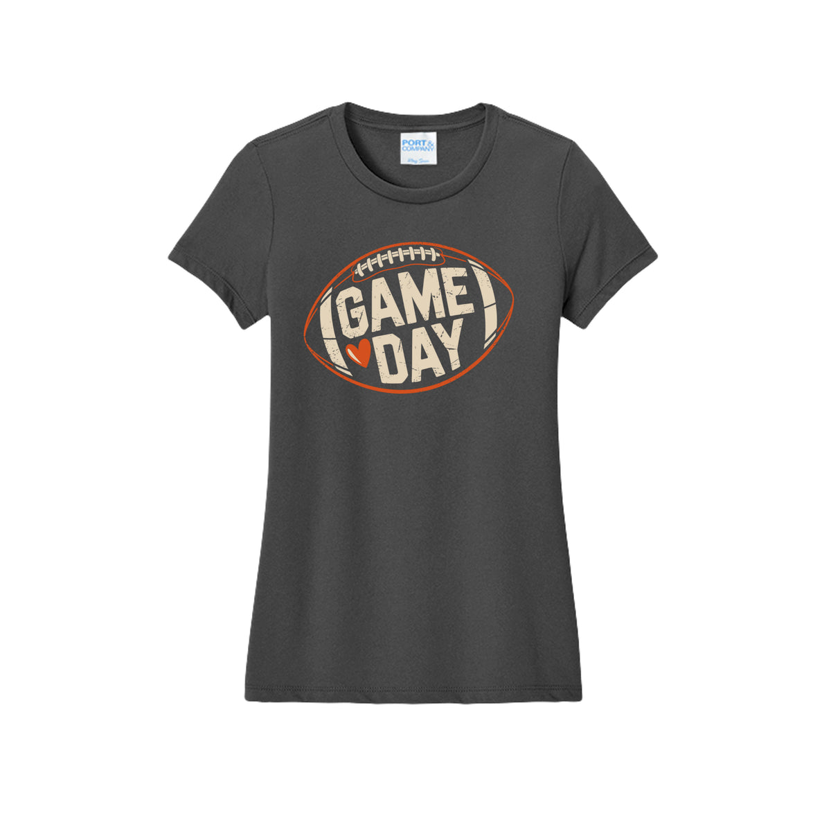 Front view of a gray fitted short-sleeve T-shirt with cream Game Day lettering and a heart inside an orange football outline.