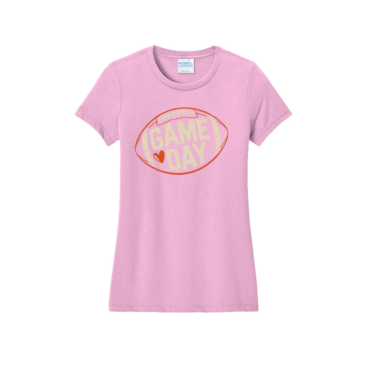 Front view of a light pink fitted short-sleeve T-shirt with cream Game Day lettering and a heart inside an orange football outline.