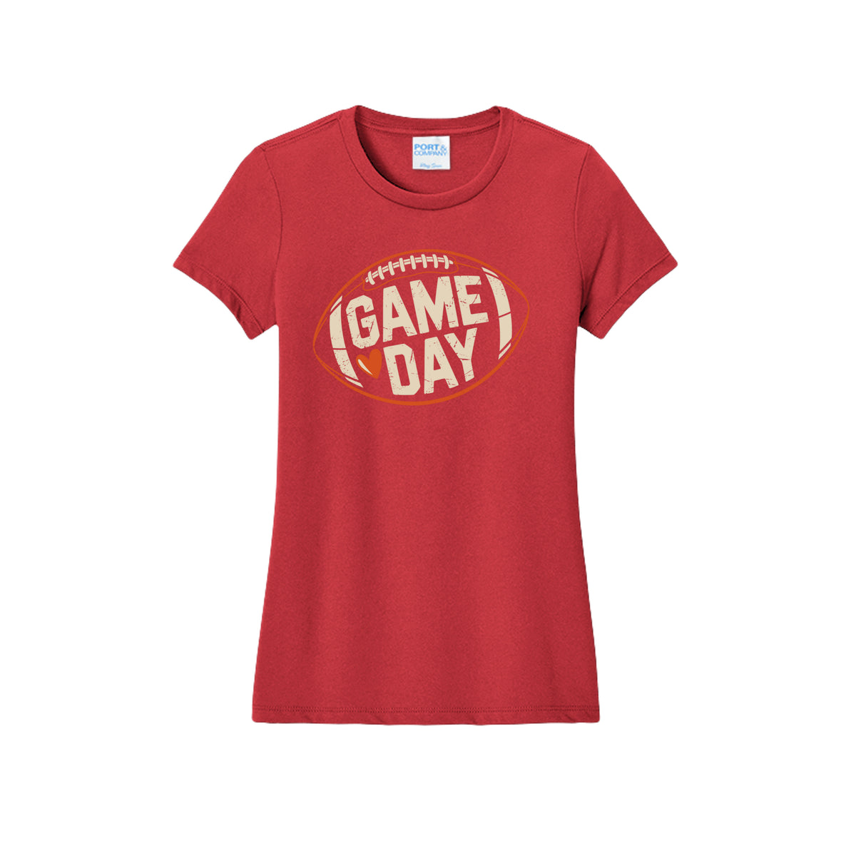 Front view of a red fitted short-sleeve T-shirt with cream Game Day lettering and a heart inside an orange football outline.