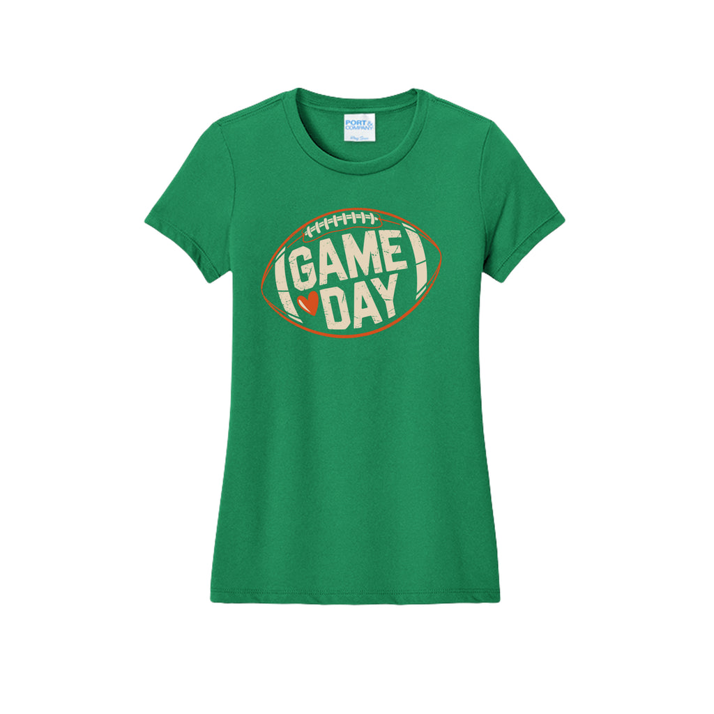 Front view of a green fitted short-sleeve T-shirt with cream Game Day lettering and a heart inside an orange football outline.