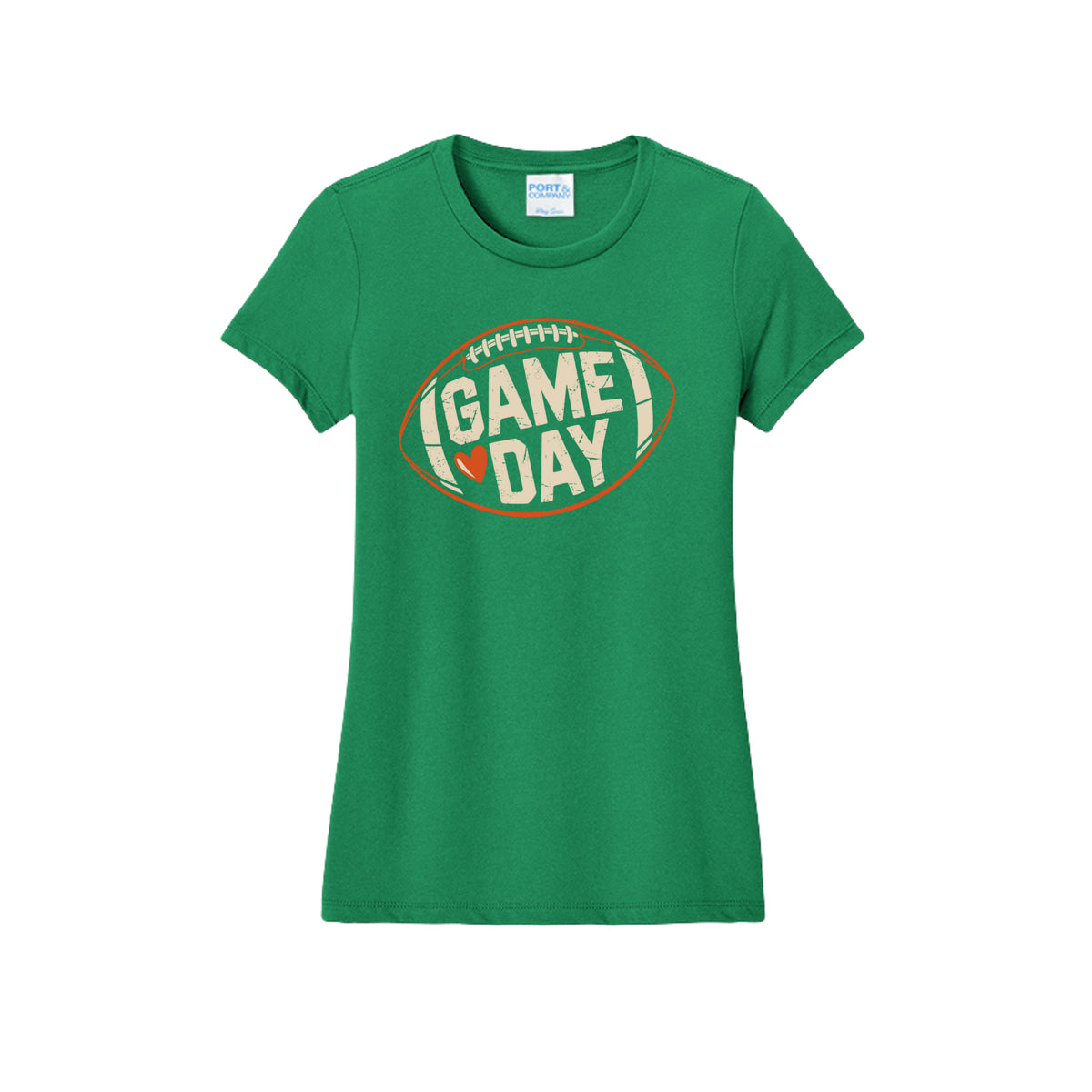 Front view of a green fitted short-sleeve T-shirt with cream Game Day lettering and a heart inside an orange football outline.