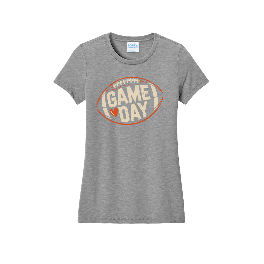 Front view of a gray fitted short-sleeve T-shirt with cream Game Day lettering and a heart inside an orange football outline.