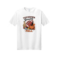 Front view of a white short-sleeve T-shirt with Touchdown Gameday Fall lettering with a football, pumpkin, foam finger, whistle, and autumn leaves.