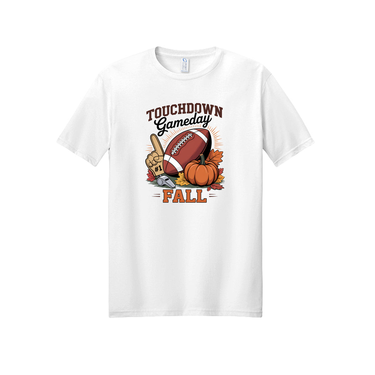 Front view of a white short-sleeve T-shirt with Touchdown Gameday Fall lettering with a football, pumpkin, foam finger, whistle, and autumn leaves.