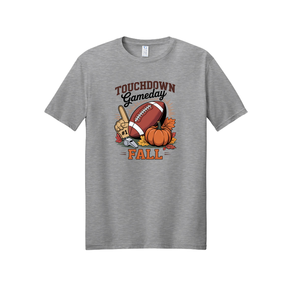 Front view of a gray short-sleeve T-shirt with Touchdown Gameday Fall lettering with a football, pumpkin, foam finger, whistle, and autumn leaves.