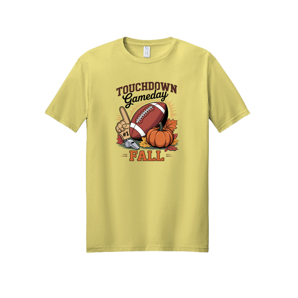 Front view of a yellow short-sleeve T-shirt with Touchdown Gameday Fall lettering with a football, pumpkin, foam finger, whistle, and autumn leaves.