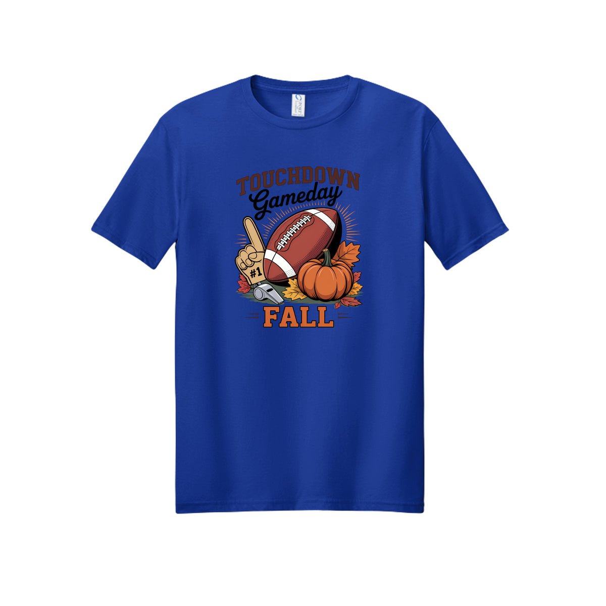 Front view of a blue short-sleeve T-shirt with Touchdown Gameday Fall lettering with a football, pumpkin, foam finger, whistle, and autumn leaves.