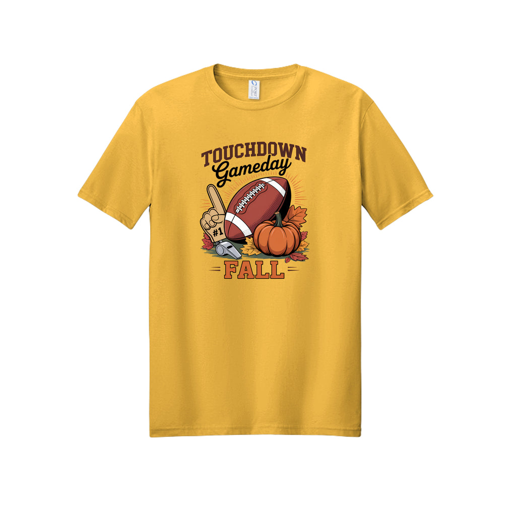 Front view of a gold short-sleeve T-shirt with Touchdown Gameday Fall lettering with a football, pumpkin, foam finger, whistle, and autumn leaves.