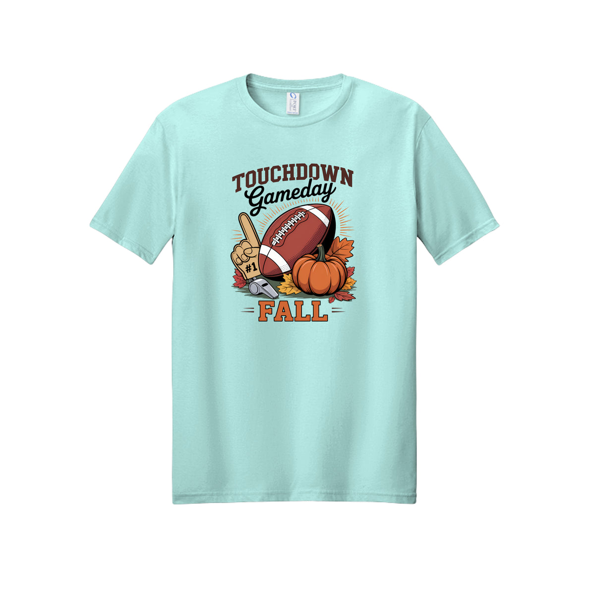 Front view of a mint short-sleeve T-shirt with Touchdown Gameday Fall lettering with a football, pumpkin, foam finger, whistle, and autumn leaves.