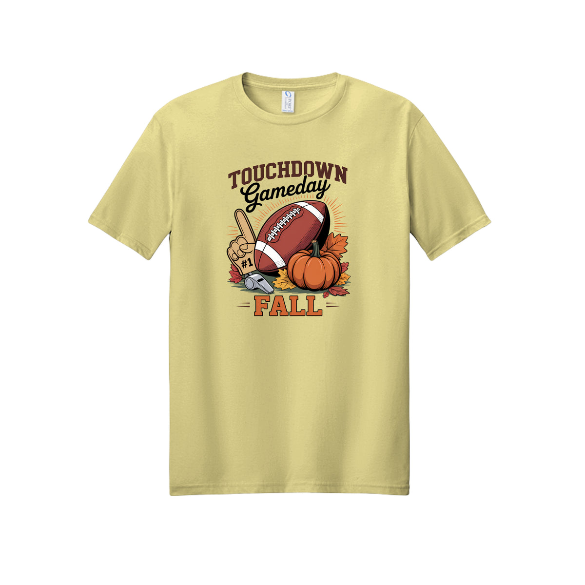 Front view of a yellow short-sleeve T-shirt with Touchdown Gameday Fall lettering with a football, pumpkin, foam finger, whistle, and autumn leaves.